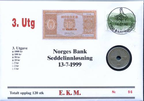 Bilde av Seddelinnlsning 13-7-1999 - 3. Utg 10 kr seddel